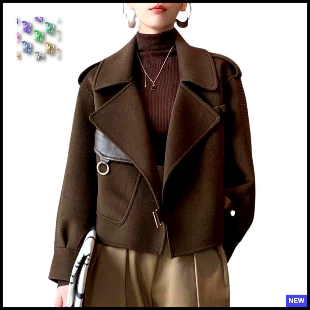 Cropped Wool Pea Coat Notched Lapel Open Front Trench Oversized Chic